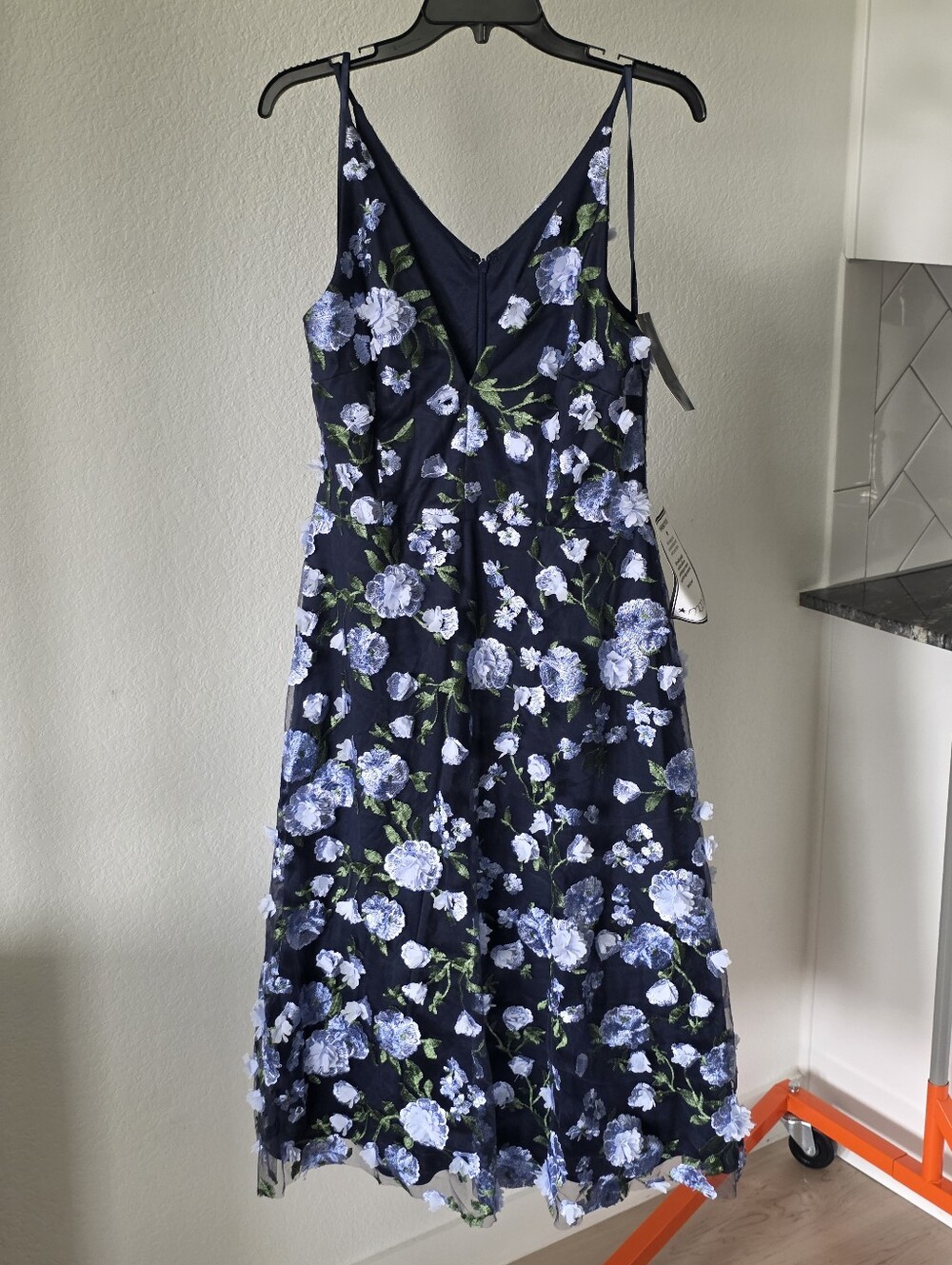 Xscape NWT Size 14 Navy Blue Floral Embroidered Fit & Flare Midi Dress $259 - Picture 2 of 11